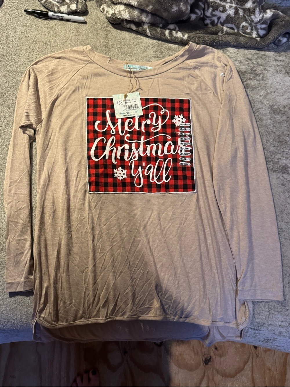 Southern Grace Merry Christmas Y'all L/S Top in Beige with Red Plaid- M